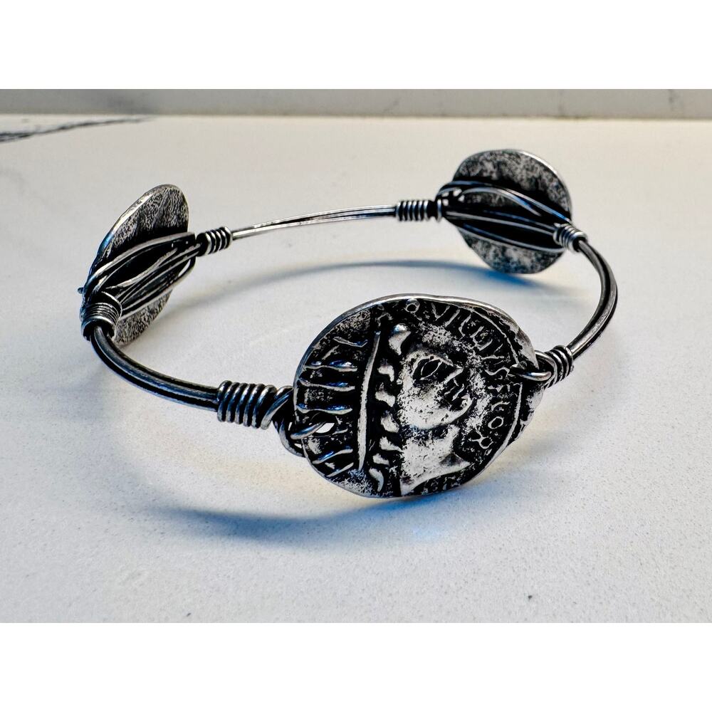 Silver Tone Roman Coin Wire Wrap Cuff Bracelet